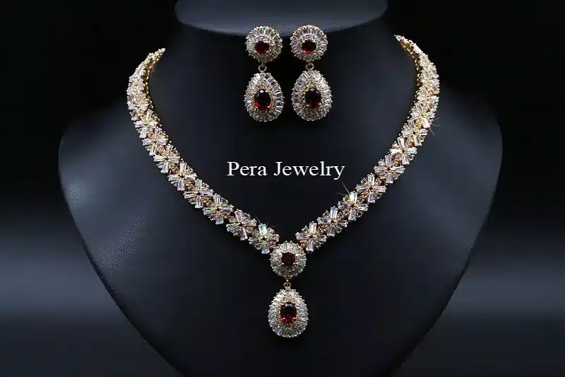 Pera CZ Classic Cubic Zirconia Gold Color Nigerian Wedding African Costume Big Statement Jewelry Set With Red Crystal Stone J060 22