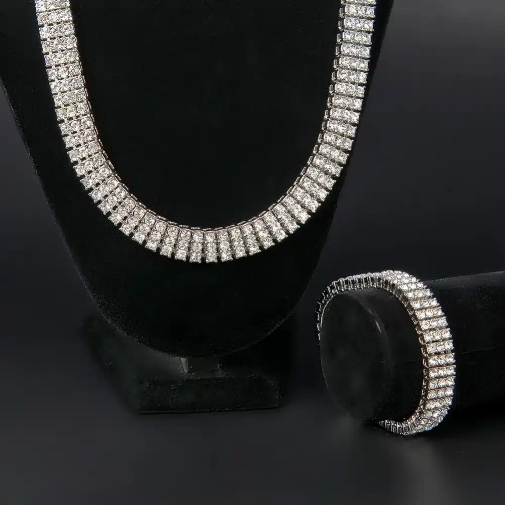 High Quality Men's Gold Color Hip-Hop Jewelry Set Iced Out 30" 3 Row Rhinestone Bling Bling 30inch Chain & 8 inch Bracelet 2