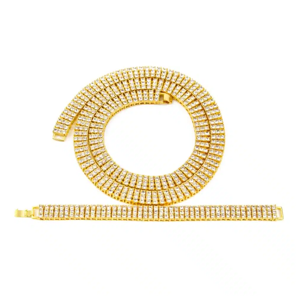 High Quality Men's Gold Color Hip-Hop Jewelry Set Iced Out 30" 3 Row Rhinestone Bling Bling 30inch Chain & 8 inch Bracelet 4