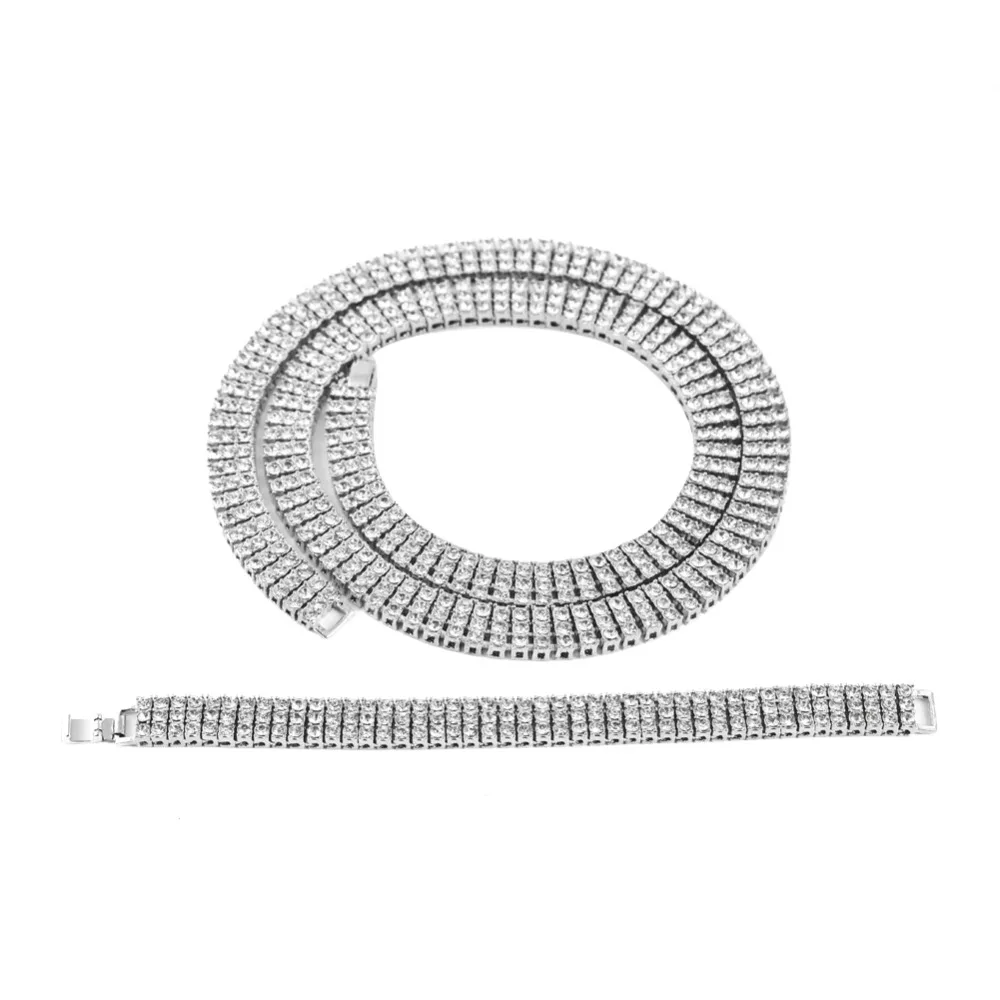 High Quality Men's Gold Color Hip-Hop Jewelry Set Iced Out 30" 3 Row Rhinestone Bling Bling 30inch Chain & 8 inch Bracelet 5