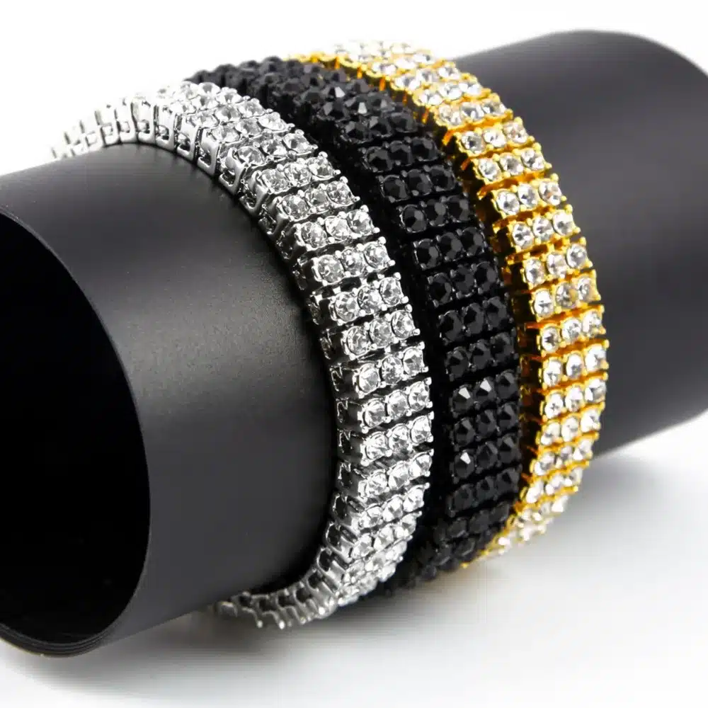 High Quality Men's Gold Color Hip-Hop Jewelry Set Iced Out 30" 3 Row Rhinestone Bling Bling 30inch Chain & 8 inch Bracelet 7