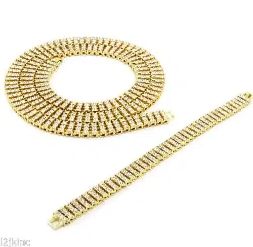 High Quality Men's Gold Color Hip-Hop Jewelry Set Iced Out 30" 3 Row Rhinestone Bling Bling 30inch Chain & 8 inch Bracelet 13