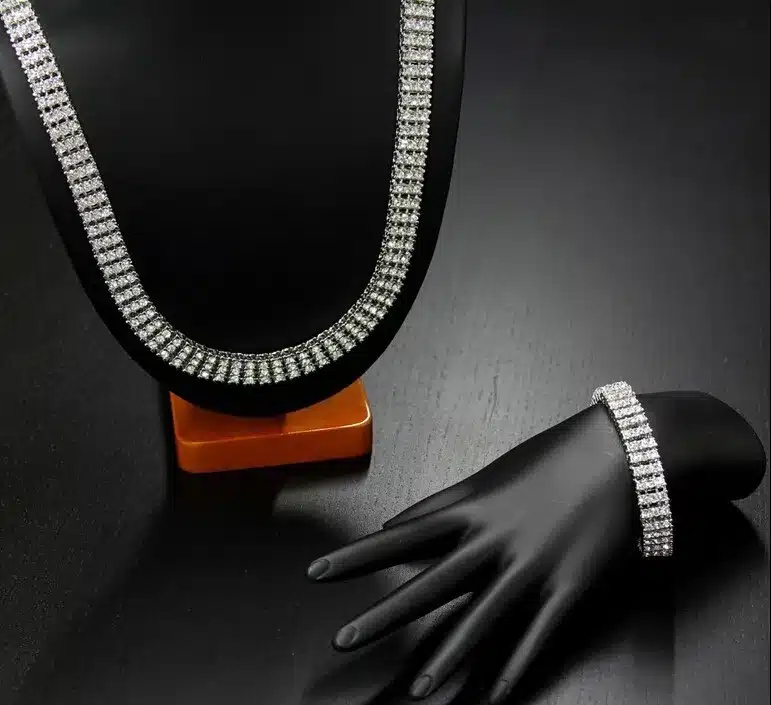 High Quality Men's Gold Color Hip-Hop Jewelry Set Iced Out 30" 3 Row Rhinestone Bling Bling 30inch Chain & 8 inch Bracelet 17