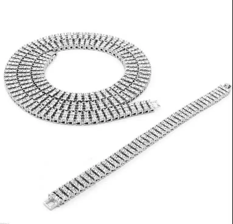 High Quality Men's Gold Color Hip-Hop Jewelry Set Iced Out 30" 3 Row Rhinestone Bling Bling 30inch Chain & 8 inch Bracelet 18