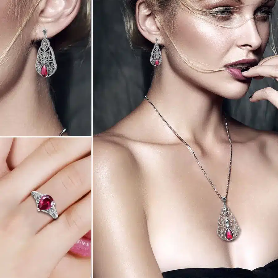 Szjinao Fashion Red CZ Crystal Wedding Jewelry Classic Vintage Sterling Silver 925 Jewelry Sets for Women Pendant/Earrings/Ring 21