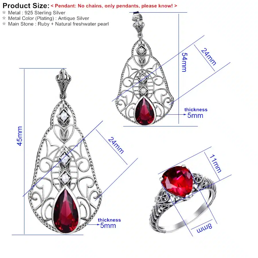 Szjinao Fashion Red CZ Crystal Wedding Jewelry Classic Vintage Sterling Silver 925 Jewelry Sets for Women Pendant/Earrings/Ring 23