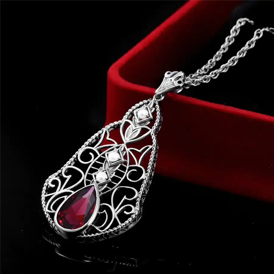 Szjinao Fashion Red CZ Crystal Wedding Jewelry Classic Vintage Sterling Silver 925 Jewelry Sets for Women Pendant/Earrings/Ring 25
