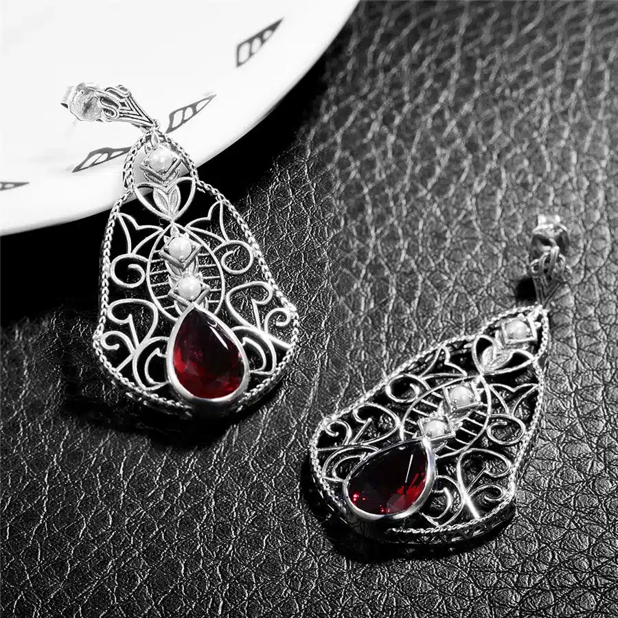 Szjinao Fashion Red CZ Crystal Wedding Jewelry Classic Vintage Sterling Silver 925 Jewelry Sets for Women Pendant/Earrings/Ring 31
