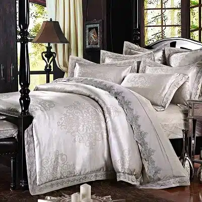 White Silver Color Jacquard Luxury Bedding sets 4/6 Pcs Queen/King size lace cotton Stain Bed set Bed linen Duvet cover pillow 22