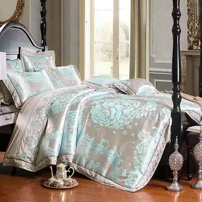 White Silver Color Jacquard Luxury Bedding sets 4/6 Pcs Queen/King size lace cotton Stain Bed set Bed linen Duvet cover pillow 38