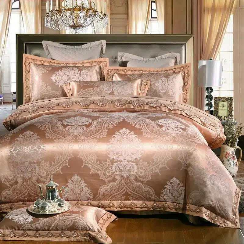 White Silver Color Jacquard Luxury Bedding sets 4/6 Pcs Queen/King size lace cotton Stain Bed set Bed linen Duvet cover pillow 42