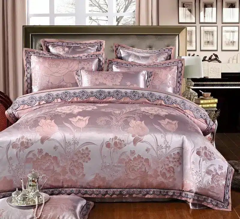 White Silver Color Jacquard Luxury Bedding sets 4/6 Pcs Queen/King size lace cotton Stain Bed set Bed linen Duvet cover pillow 47