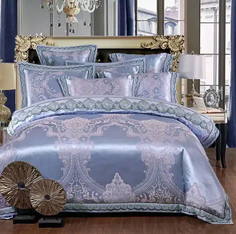 White Silver Color Jacquard Luxury Bedding sets 4/6 Pcs Queen/King size lace cotton Stain Bed set Bed linen Duvet cover pillow 77
