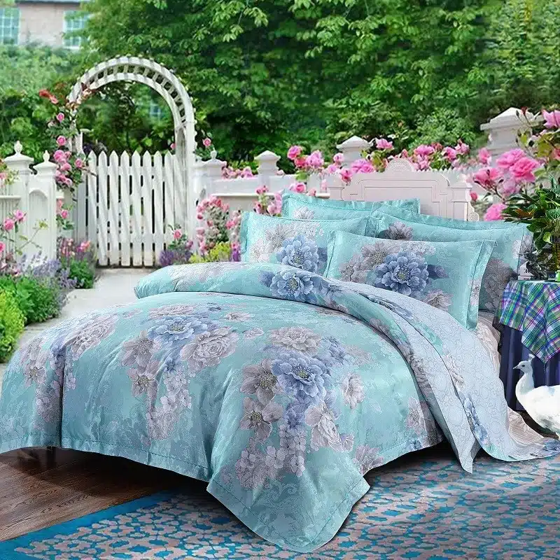 100% cotton bule jacquard floral luxury bedding sets queen king size duvet cover bed sheet set,bed set bed linen pillowcase 47