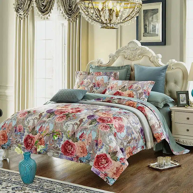 100% cotton bule jacquard floral luxury bedding sets queen king size duvet cover bed sheet set,bed set bed linen pillowcase 107