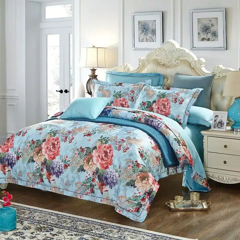 100% cotton bule jacquard floral luxury bedding sets queen king size duvet cover bed sheet set,bed set bed linen pillowcase 114