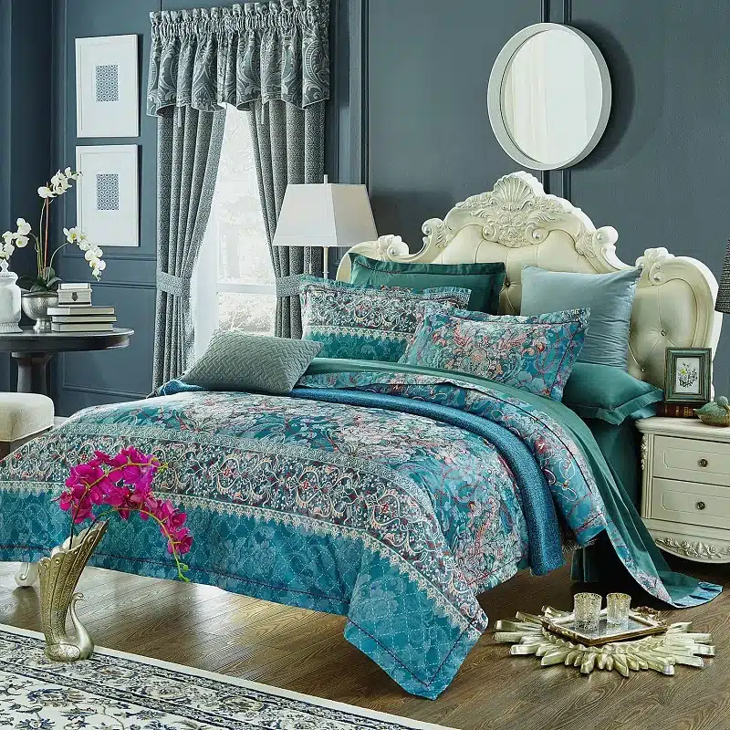 100% cotton bule jacquard floral luxury bedding sets queen king size duvet cover bed sheet set,bed set bed linen pillowcase 129