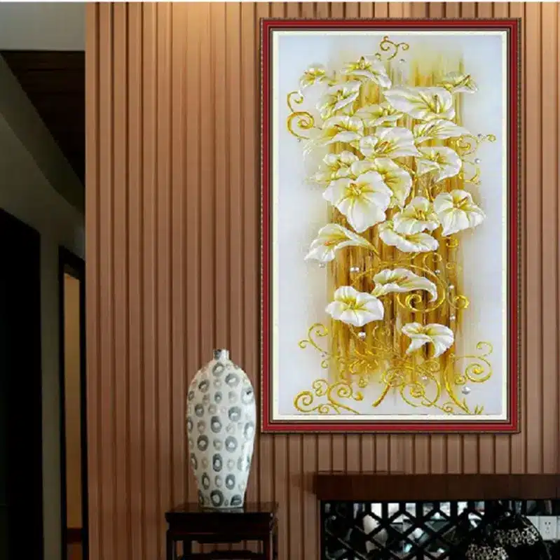5d Diy Diamond Painting Cross Stitch Golden Lily Diamond Embroidery Flowers Crystal Round Diamond Mosaic Pictures Needlework 15