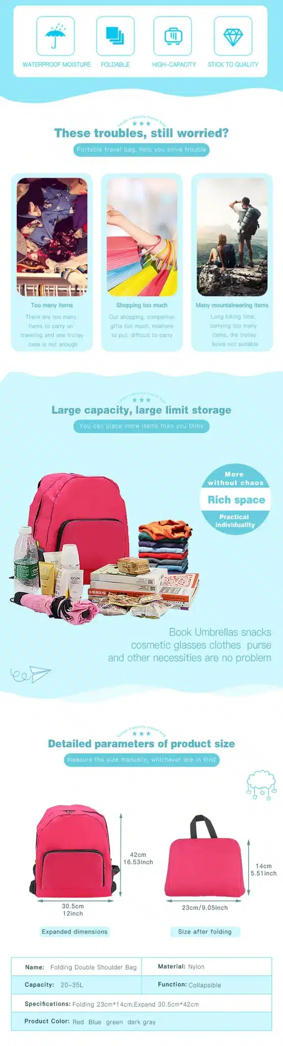 DINIWELL Lightweight Waterproof Foldable Travel Backpack Bag Daypack Sports Hiking Travel Storage Bag Organizer 8