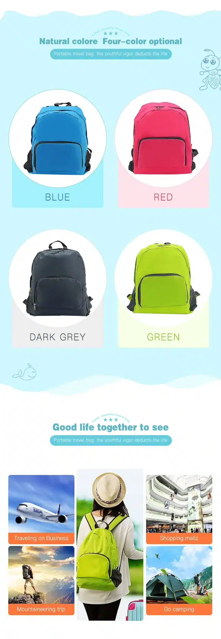 DINIWELL Lightweight Waterproof Foldable Travel Backpack Bag Daypack Sports Hiking Travel Storage Bag Organizer 9