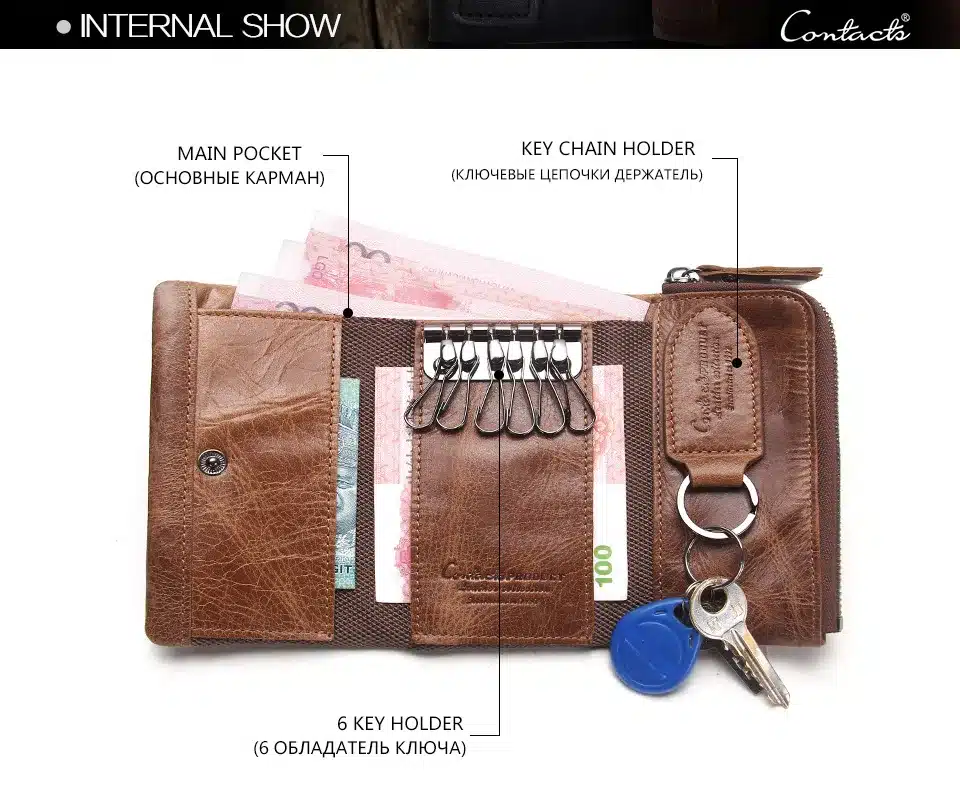 CONTACT'S Men Wallet Key Case Key Holder Wallet Coin Purse Genuine Leather Housekeeper Car Key Organizer Bag Small Portfolio 12