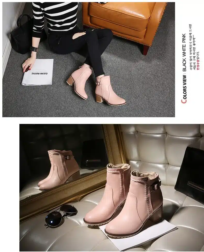 Plus Size 34-43 Autumn winter Snow boots Square high heels Shoes Casual Martin boots women Fashion zipper leather Ankle Boots 23