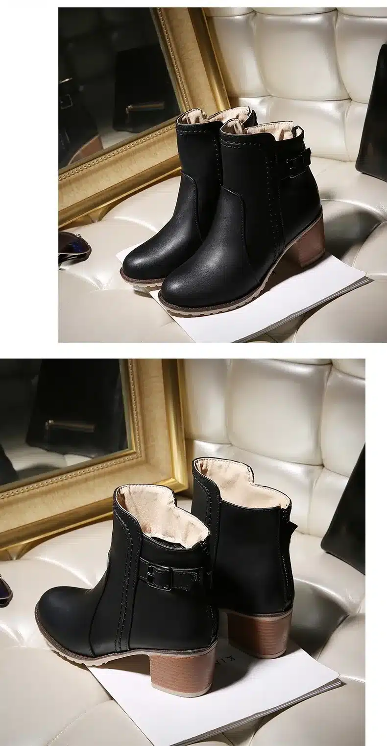 Plus Size 34-43 Autumn winter Snow boots Square high heels Shoes Casual Martin boots women Fashion zipper leather Ankle Boots 24