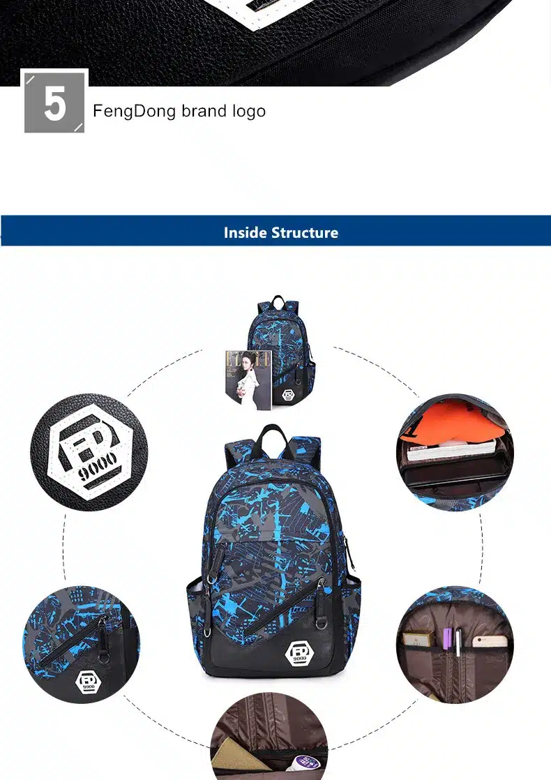 FengDong waterproof oxford fabric boys school bags backpack for teenagers pencil case blue book bag boy one shoulder schoolbag 15