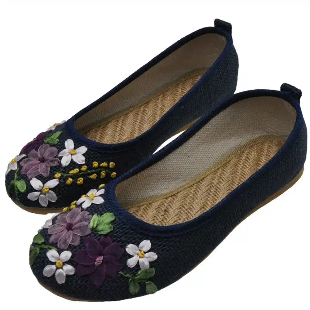 Vintage Embroidered Women Flats Flower Slip On Cotton Fabric Linen Comfortable Old Peking Ballerina Flat Shoes Sapato Feminino 7
