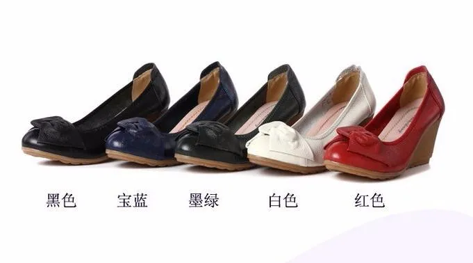 2016 Fashion Women Wedge Shoes Genuine Leather Round toe High Heels Pumps Woman Mom Shoes 2