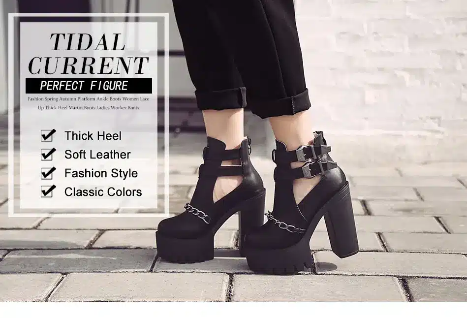 Gdgydh Spring Autumn Fashion Ankle Boots For Women High Heels Casual Cut-outs Buckle Round Toe Chain Thick Heels Platform Shoes 2
