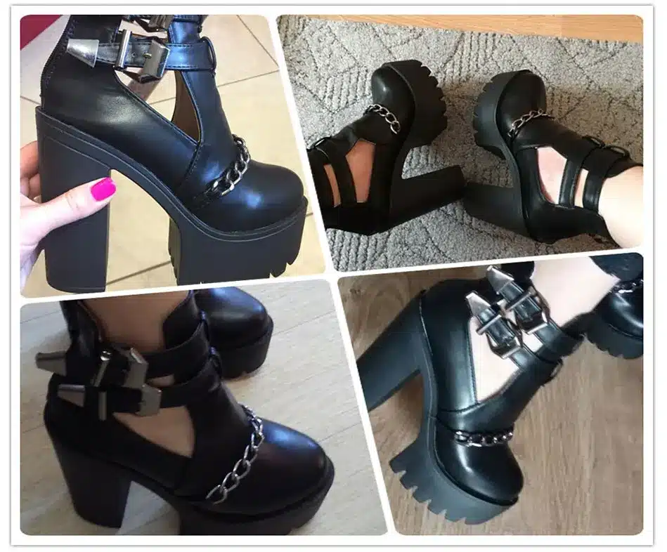 Gdgydh Spring Autumn Fashion Ankle Boots For Women High Heels Casual Cut-outs Buckle Round Toe Chain Thick Heels Platform Shoes 5