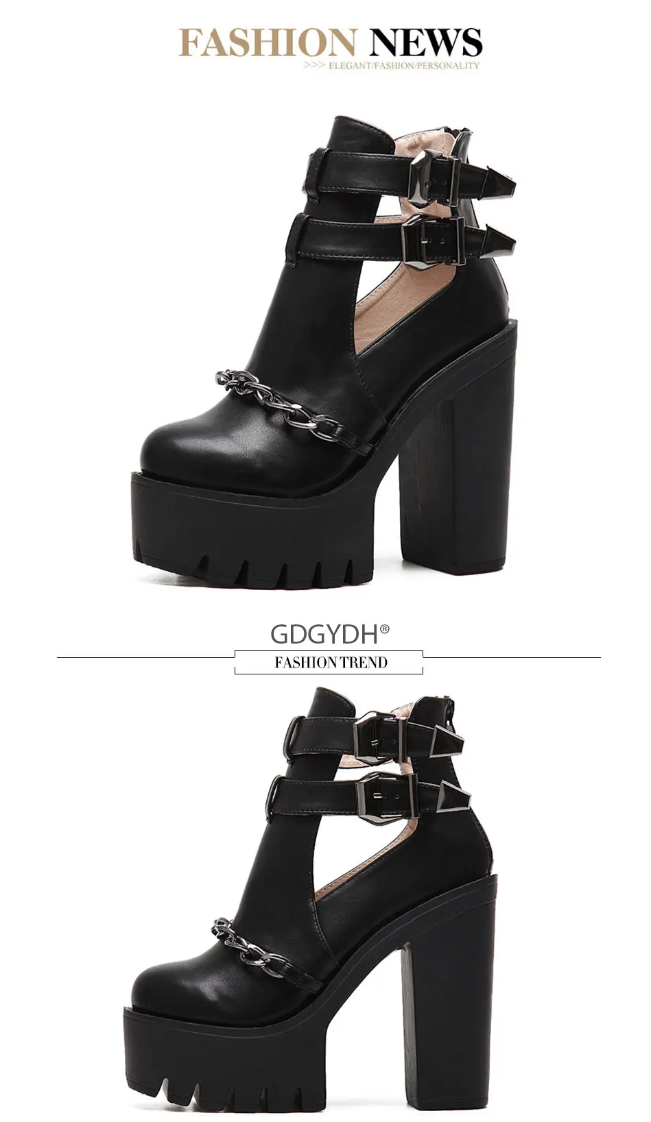 Gdgydh Spring Autumn Fashion Ankle Boots For Women High Heels Casual Cut-outs Buckle Round Toe Chain Thick Heels Platform Shoes 6