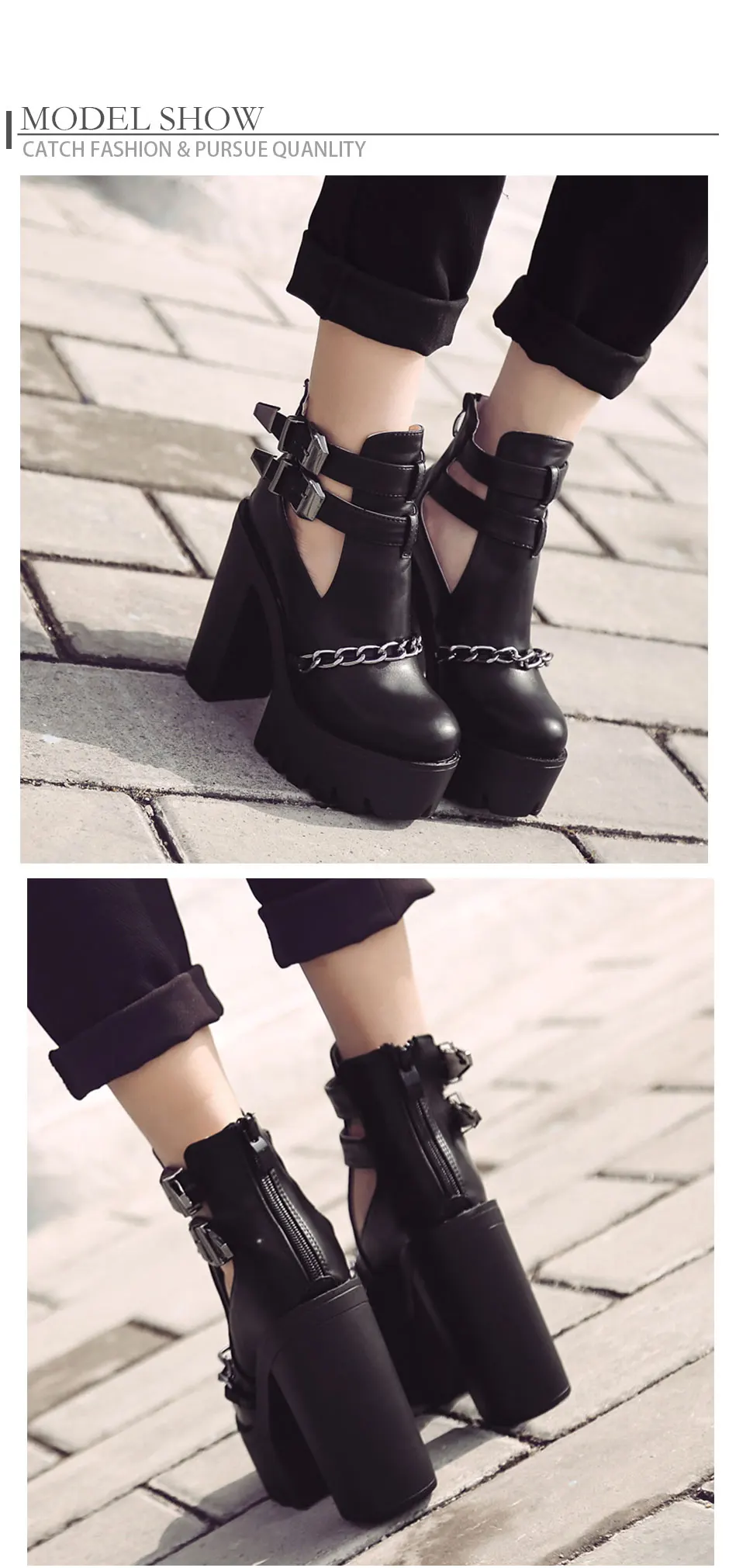 Gdgydh Spring Autumn Fashion Ankle Boots For Women High Heels Casual Cut-outs Buckle Round Toe Chain Thick Heels Platform Shoes 8