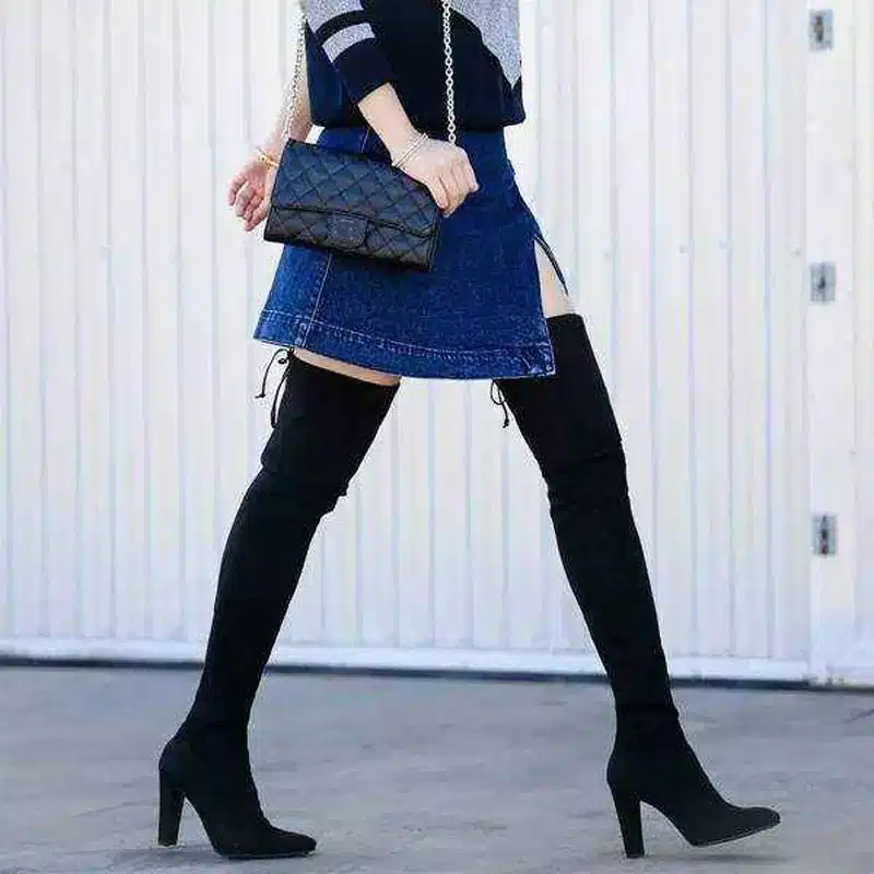GENSHUO FauxSuede Women Boots Shoes Winter Knee High Boots Sexy Stretch Over The Knee High Boots Black Slim Fit Thigh High Heels 5