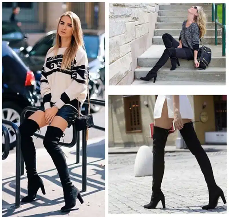 GENSHUO FauxSuede Women Boots Shoes Winter Knee High Boots Sexy Stretch Over The Knee High Boots Black Slim Fit Thigh High Heels 7