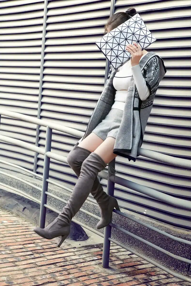 GENSHUO FauxSuede Women Boots Shoes Winter Knee High Boots Sexy Stretch Over The Knee High Boots Black Slim Fit Thigh High Heels 9
