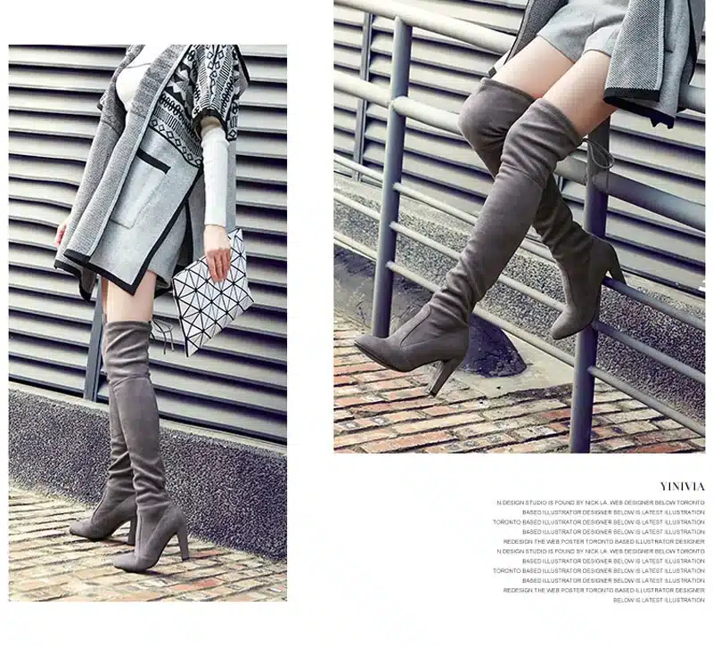 GENSHUO FauxSuede Women Boots Shoes Winter Knee High Boots Sexy Stretch Over The Knee High Boots Black Slim Fit Thigh High Heels 10
