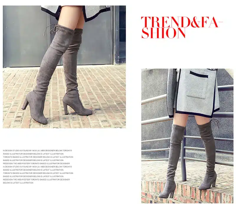 GENSHUO FauxSuede Women Boots Shoes Winter Knee High Boots Sexy Stretch Over The Knee High Boots Black Slim Fit Thigh High Heels 11