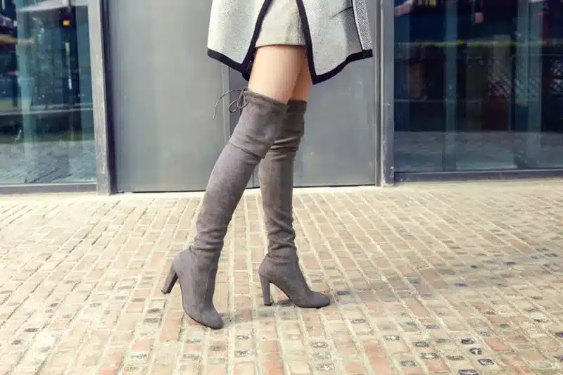 GENSHUO FauxSuede Women Boots Shoes Winter Knee High Boots Sexy Stretch Over The Knee High Boots Black Slim Fit Thigh High Heels 12