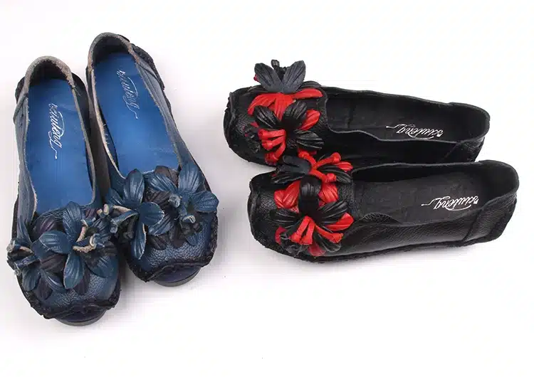 Xiuteng New National Wind Flowers Handmade Genuine Leather Shoes Women Retro Soft Bottom Flat Shoes Summer Canvas Ballet Flats 10