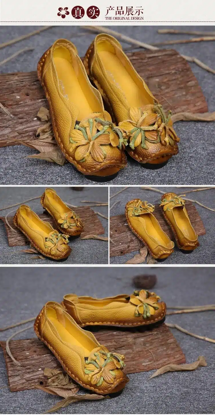 Xiuteng New National Wind Flowers Handmade Genuine Leather Shoes Women Retro Soft Bottom Flat Shoes Summer Canvas Ballet Flats 20