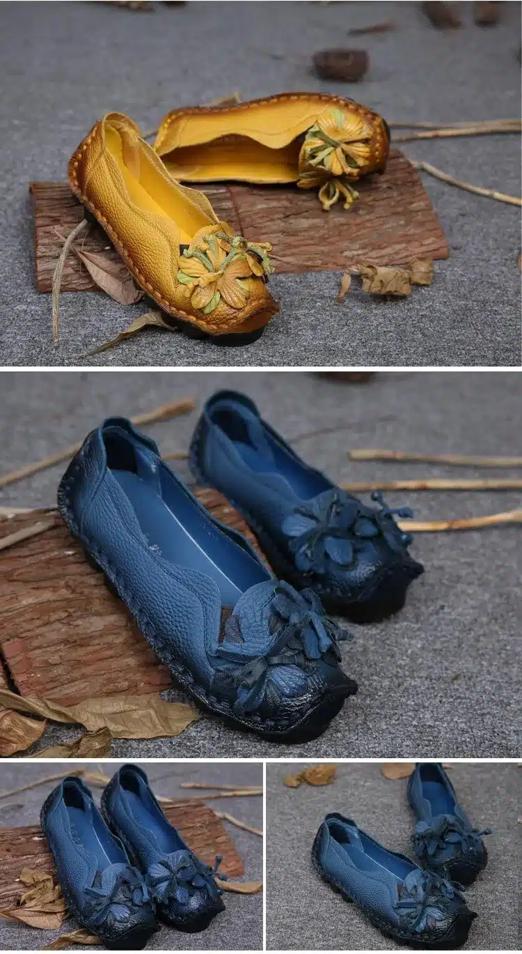 Xiuteng New National Wind Flowers Handmade Genuine Leather Shoes Women Retro Soft Bottom Flat Shoes Summer Canvas Ballet Flats 21