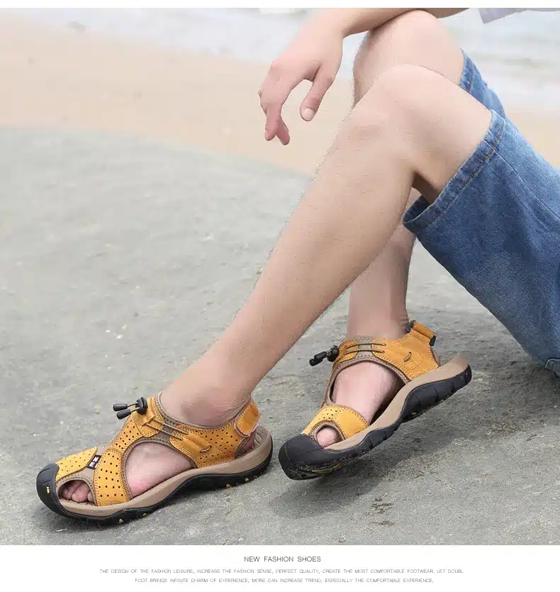 Brand Toe Protect Outdoor Casual Driving Beach Men Sandals Flat Quality Summer Leather Soft Sole Men Shoes Plus Size 46 Sandales 14