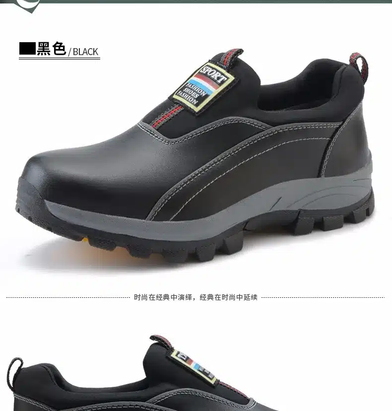mens causal black big size breathable steel toe caps work safety shoes slip on lazy cow leather tooling low boots zapatos hombre 16