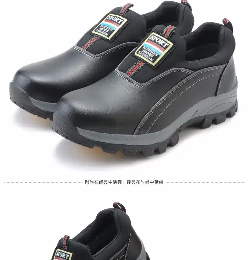 mens causal black big size breathable steel toe caps work safety shoes slip on lazy cow leather tooling low boots zapatos hombre 18