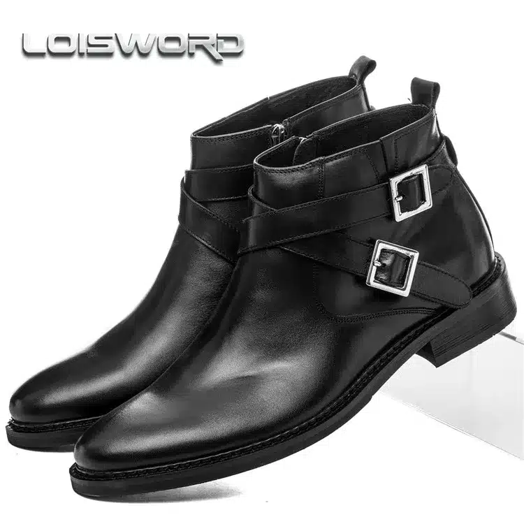 LOISWORD Large size EUR46 black / Brown tan double buckle mens ankle boots genuine leather business boots mens dress shoes 2