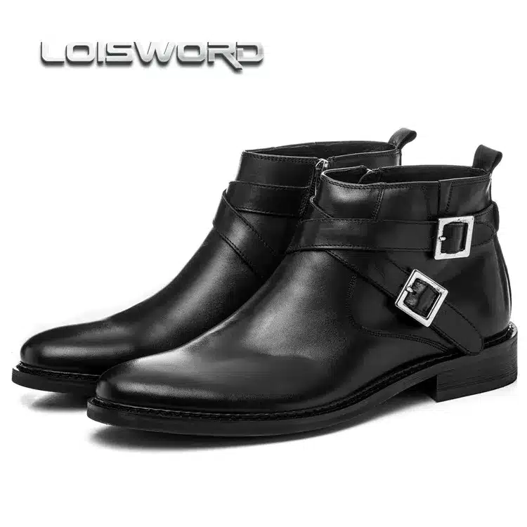 LOISWORD Large size EUR46 black / Brown tan double buckle mens ankle boots genuine leather business boots mens dress shoes 3