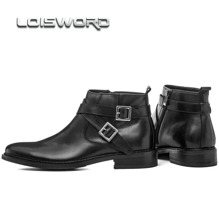 LOISWORD Large size EUR46 black / Brown tan double buckle mens ankle boots genuine leather business boots mens dress shoes 4