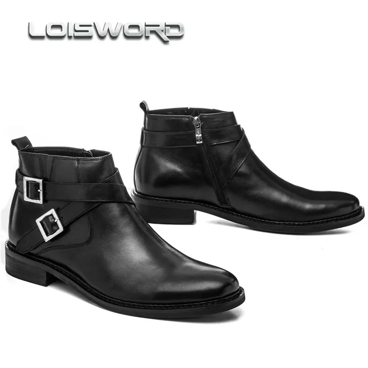 LOISWORD Large size EUR46 black / Brown tan double buckle mens ankle boots genuine leather business boots mens dress shoes 5